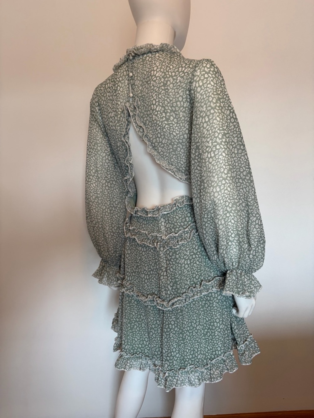 #564 Very Sexy Long Sleeve Ruffle Tiered Mini Dress in Sage Green with open back - Picture 8 of 13